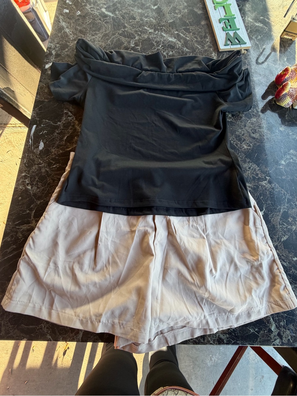 SHEIN Black Off-Shoulder Top with Cream Bermuda Shorts Set